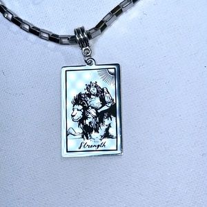 Handmade Unisex “Strength “ Tarot Card Pendant On Stainless Steel Box Chain Boho